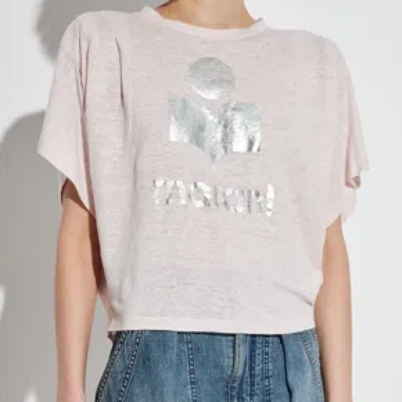 ISABEL MARANT ÉTOILE Metallic-logo Linen T-shirt Pale pink | Small - Picture 2 of 8